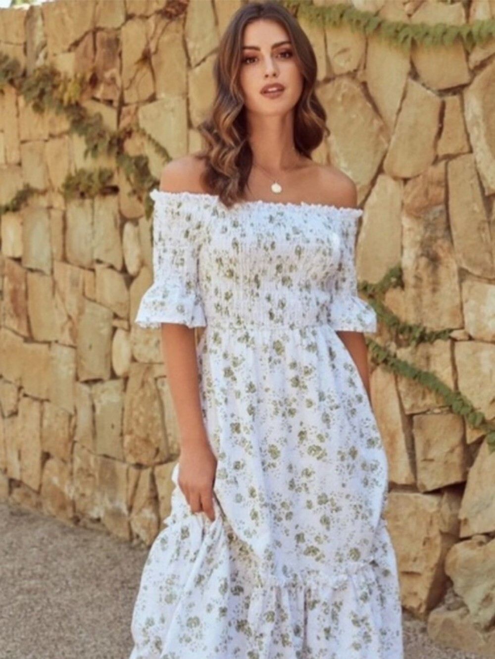 Vici DASHA COTTON FLORAL OFF THE SHOULDER MAXI DRESS Size XS White